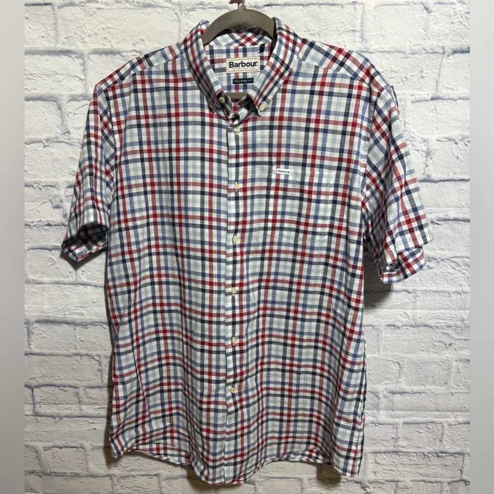 Barbour Men's Plaid Short Sleeve Shirt in Red, White, and Blue, Size Large